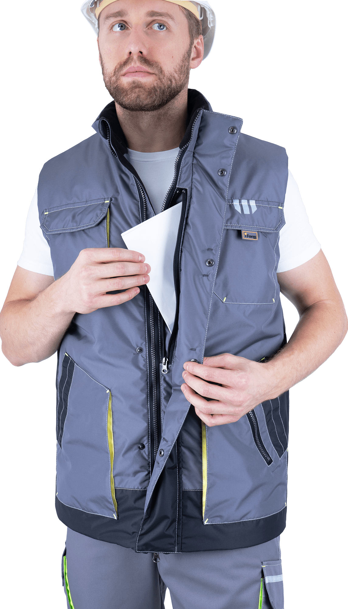 Жилет ЭДВАНС утепленный, серый-т.серый-лимонная отделка