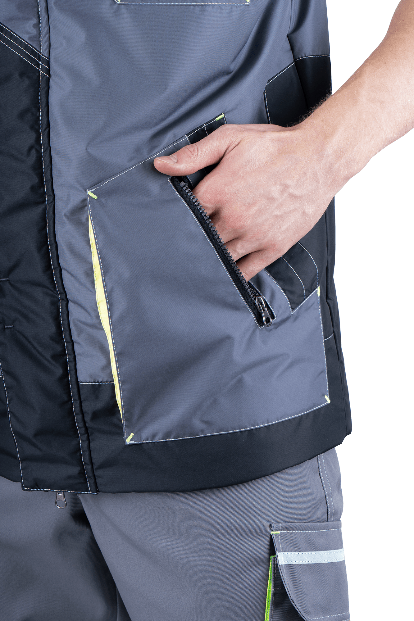 Жилет ЭДВАНС утепленный, серый-т.серый-лимонная отделка