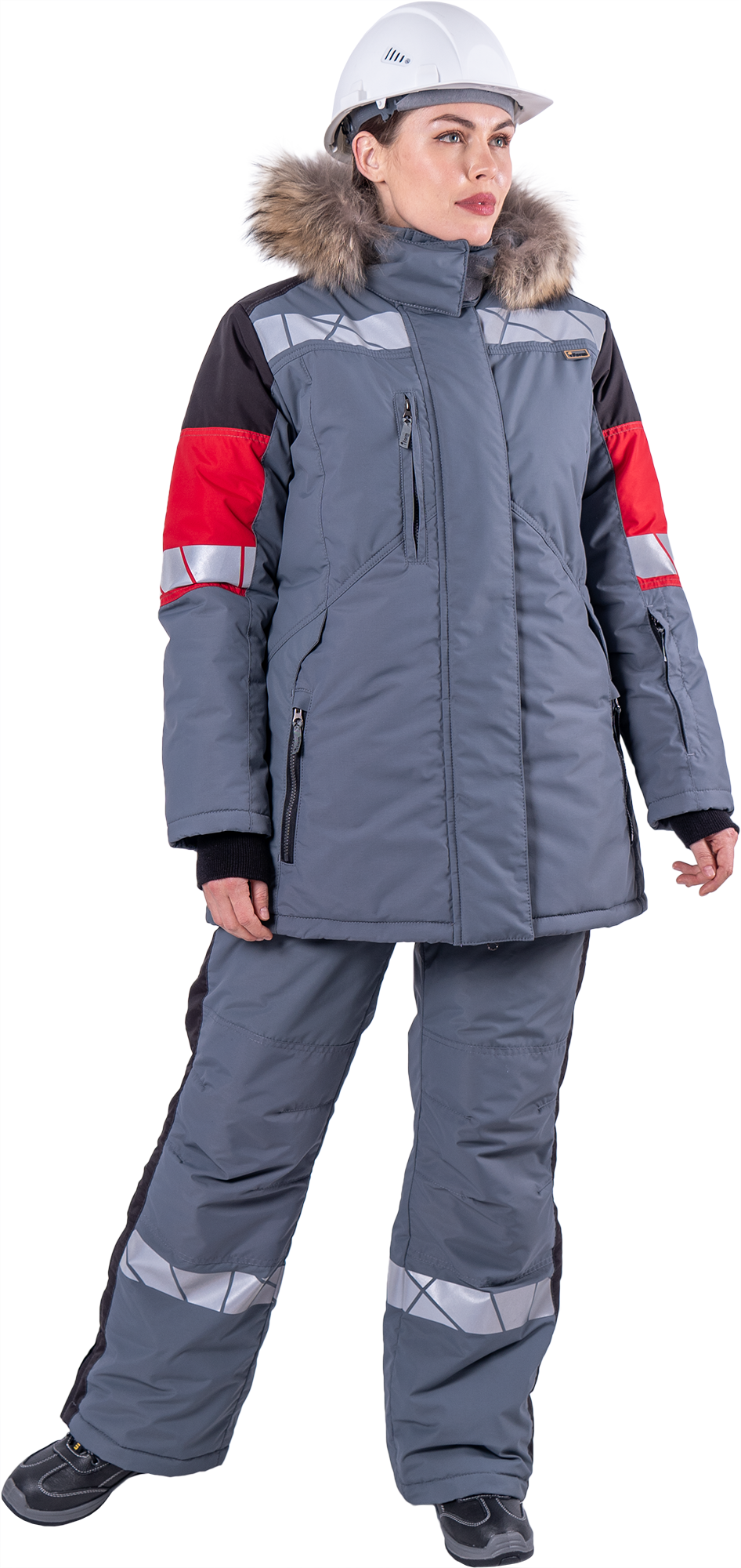 Куртка ХАЙ-ТЕК SAFETY зимняя, серый-красный-черный, женская