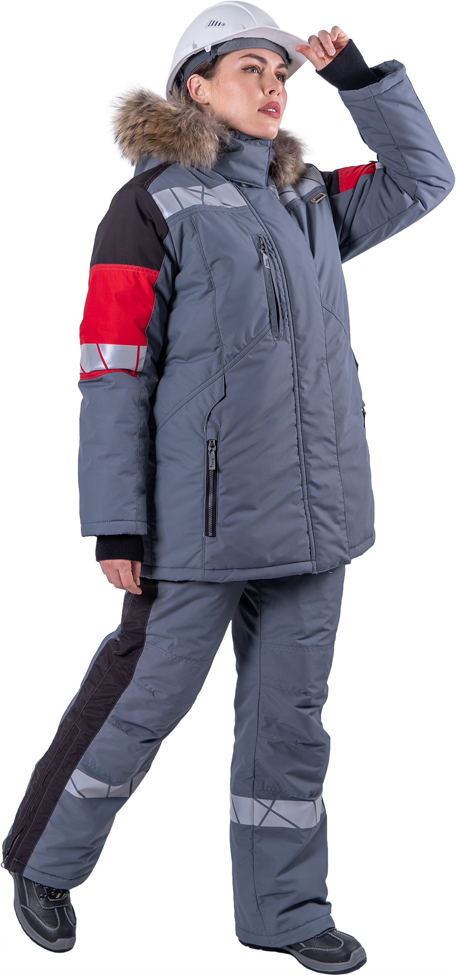 Куртка ХАЙ-ТЕК SAFETY зимняя, серый-красный-черный, женская