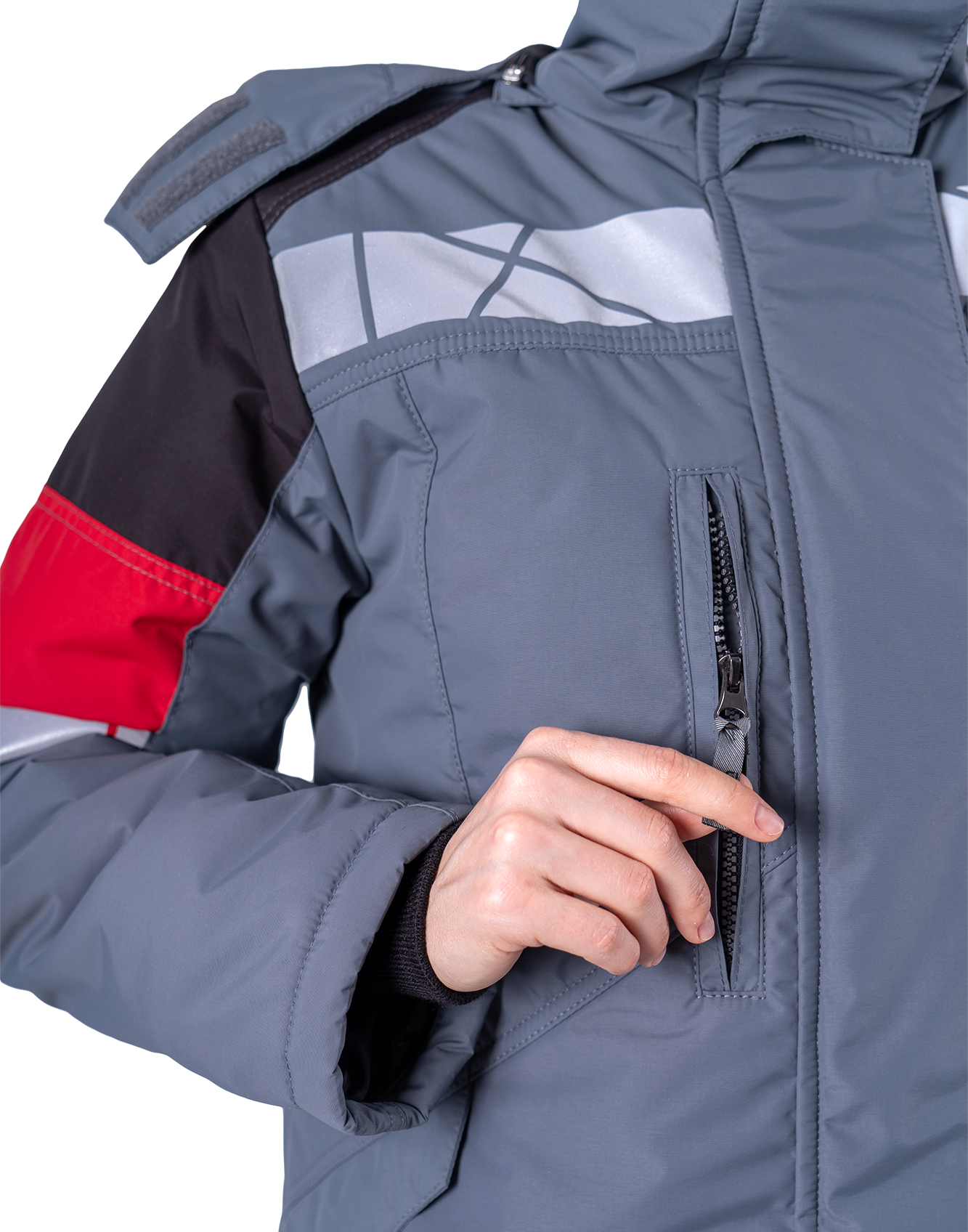 Куртка ХАЙ-ТЕК SAFETY зимняя, серый-красный-черный, женская