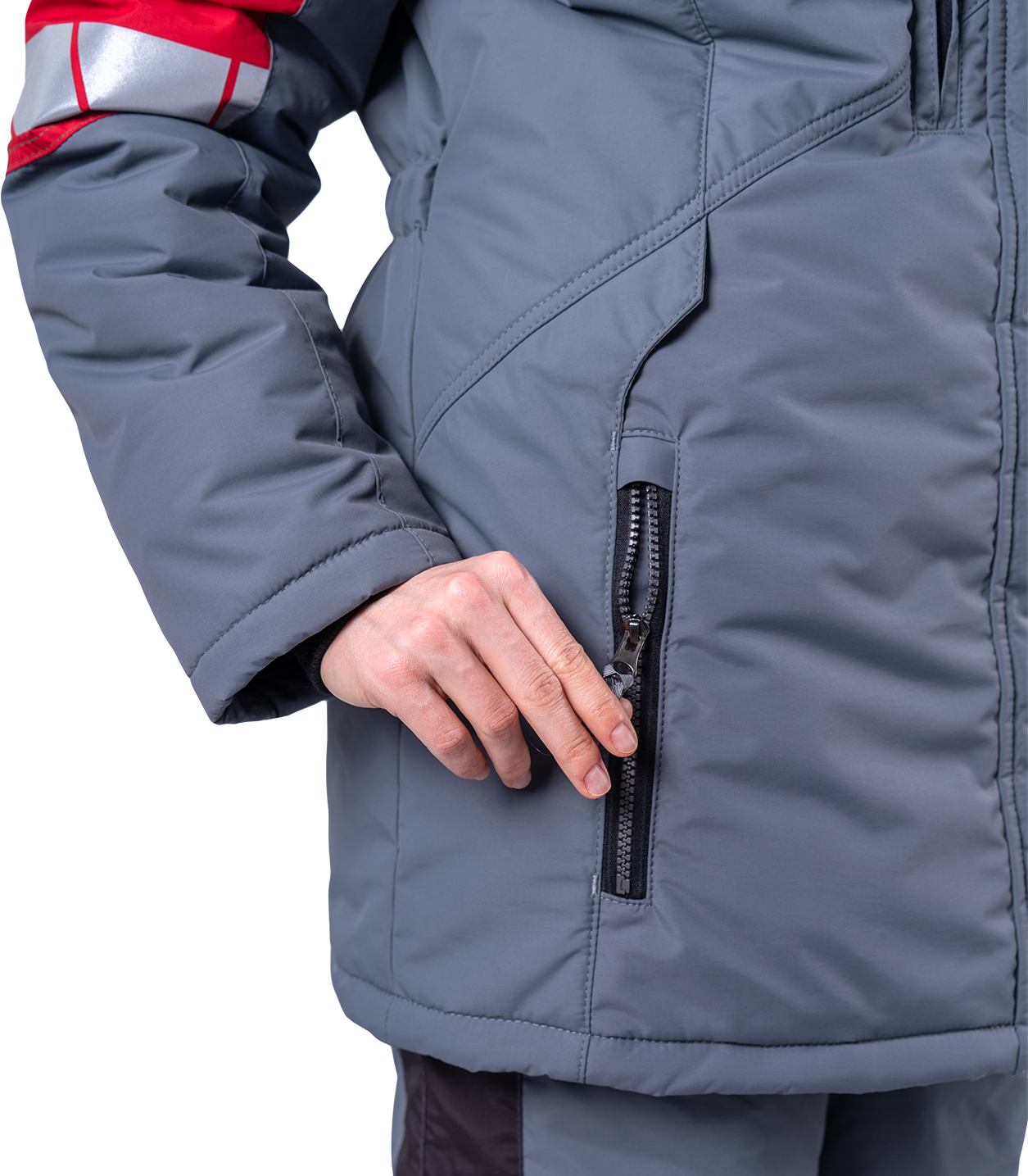 Куртка ХАЙ-ТЕК SAFETY зимняя, серый-красный-черный, женская