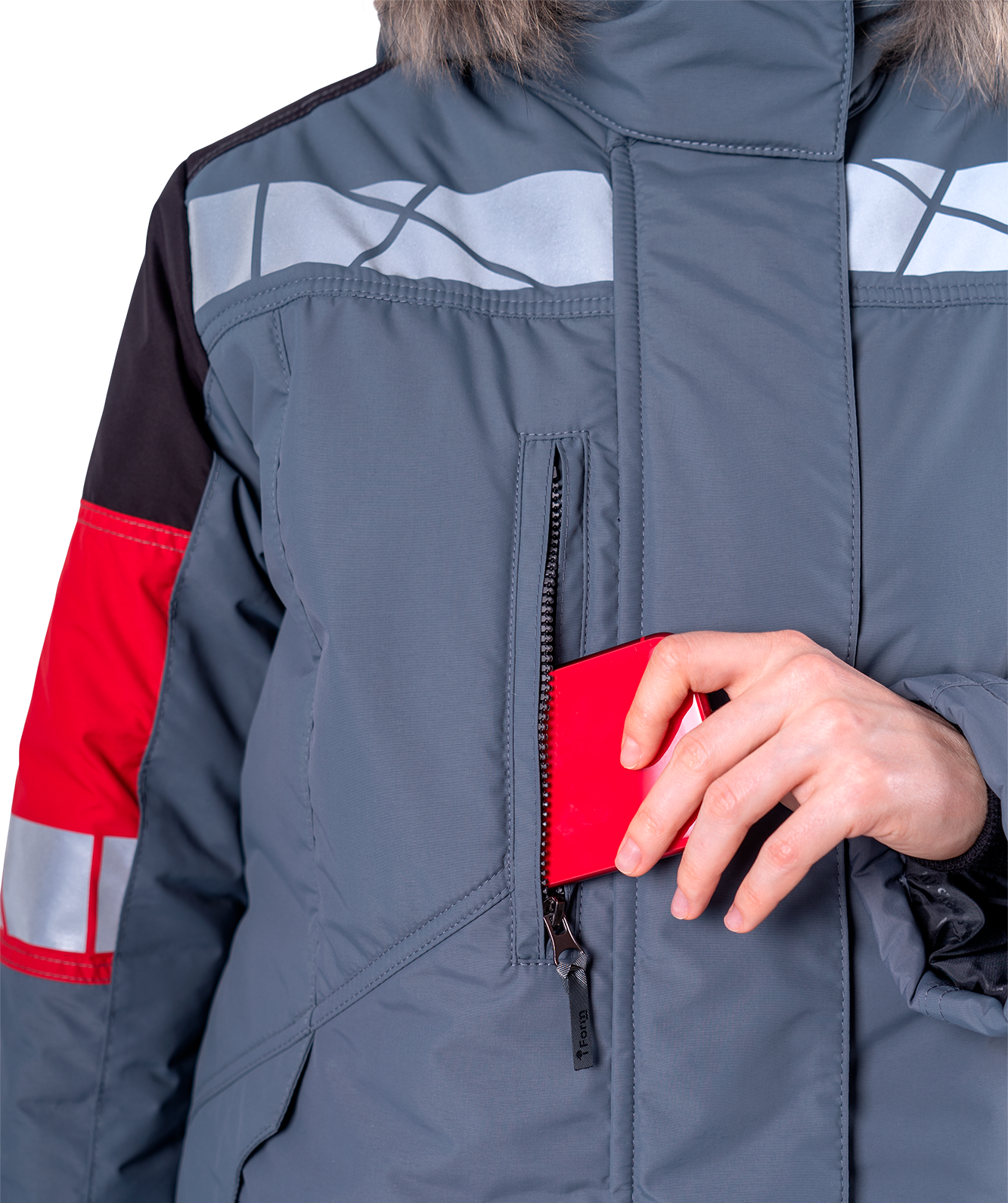 Куртка ХАЙ-ТЕК SAFETY зимняя, серый-красный-черный, женская