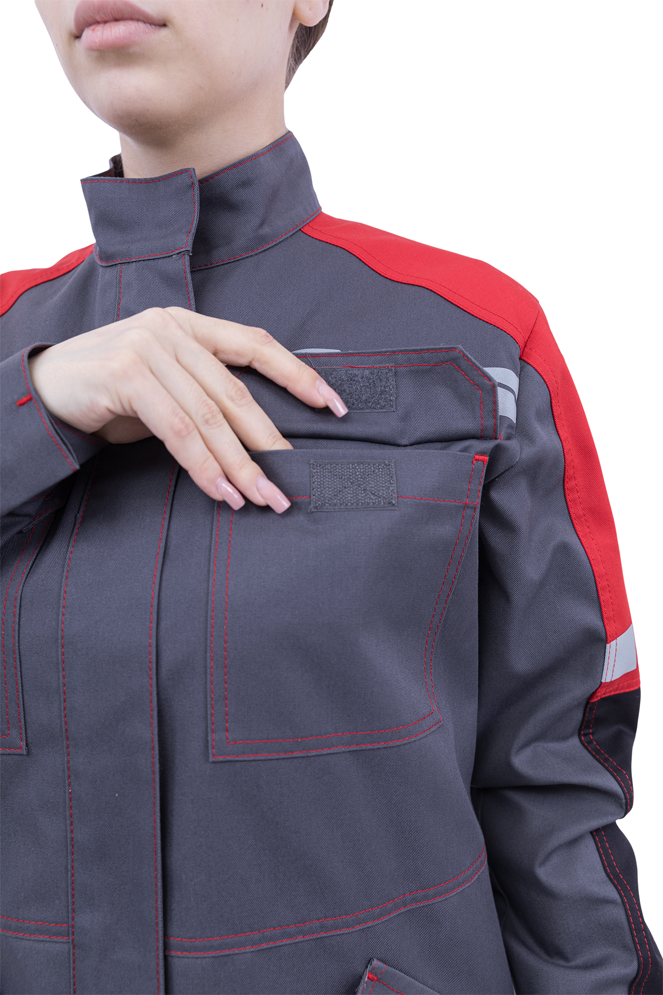 Куртка ХАЙ-ТЕК SAFETY летняя, серый-красный-черный, женская