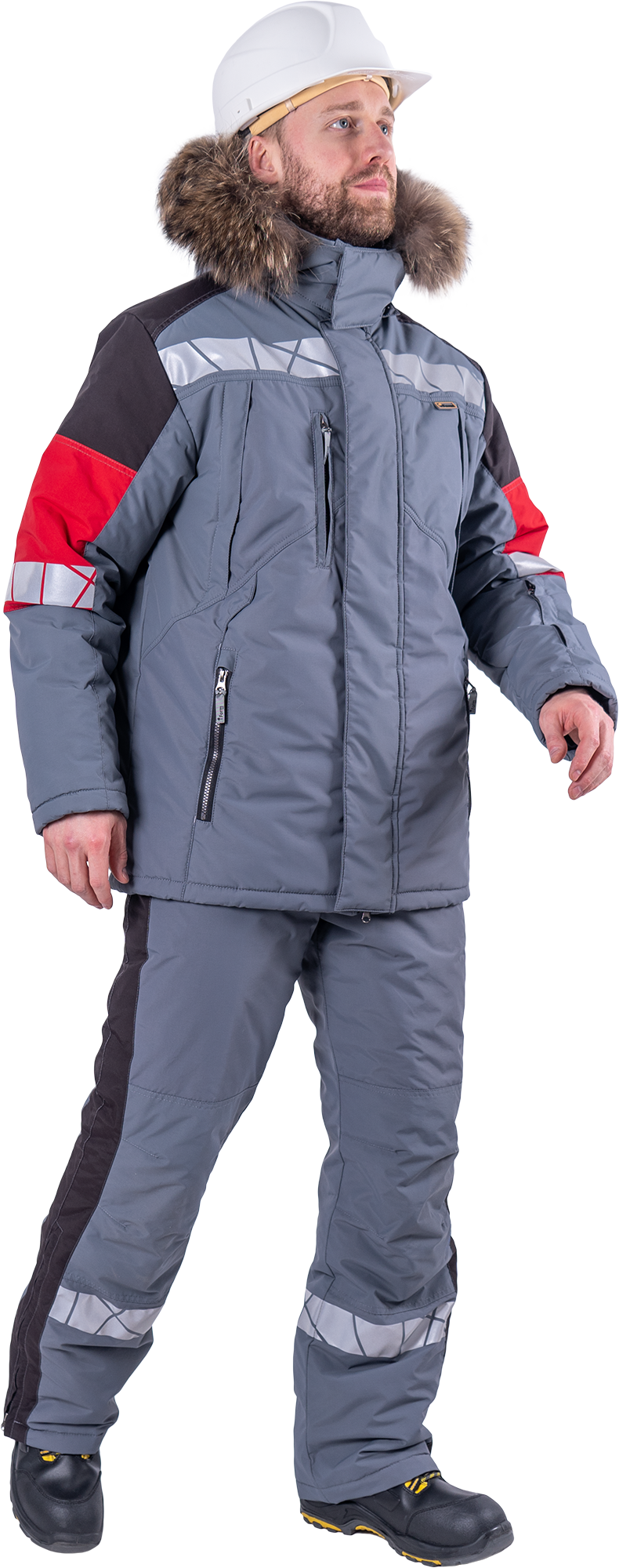 Куртка ХАЙ-ТЕК SAFETY зимняя, серый-красный-черный